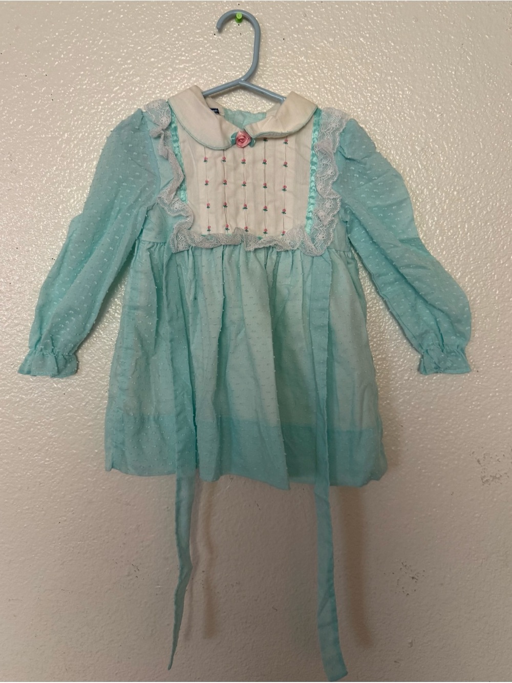 Vintage Polly flinders Girls' Light Aqua Long-Sleeve Ruffle Dress size T-3